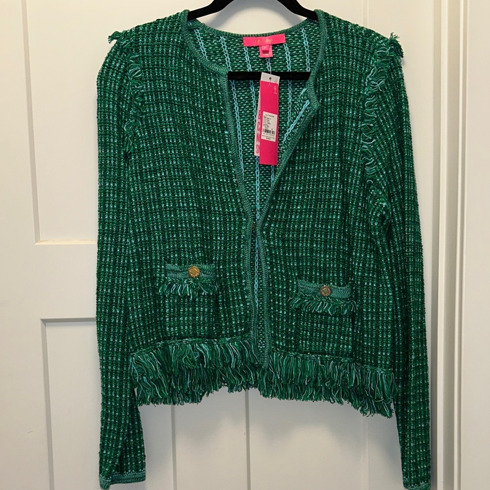 NWT Lilly Pulitzer Simora Cardigan Green & Blue Tweed Fringe Jacket